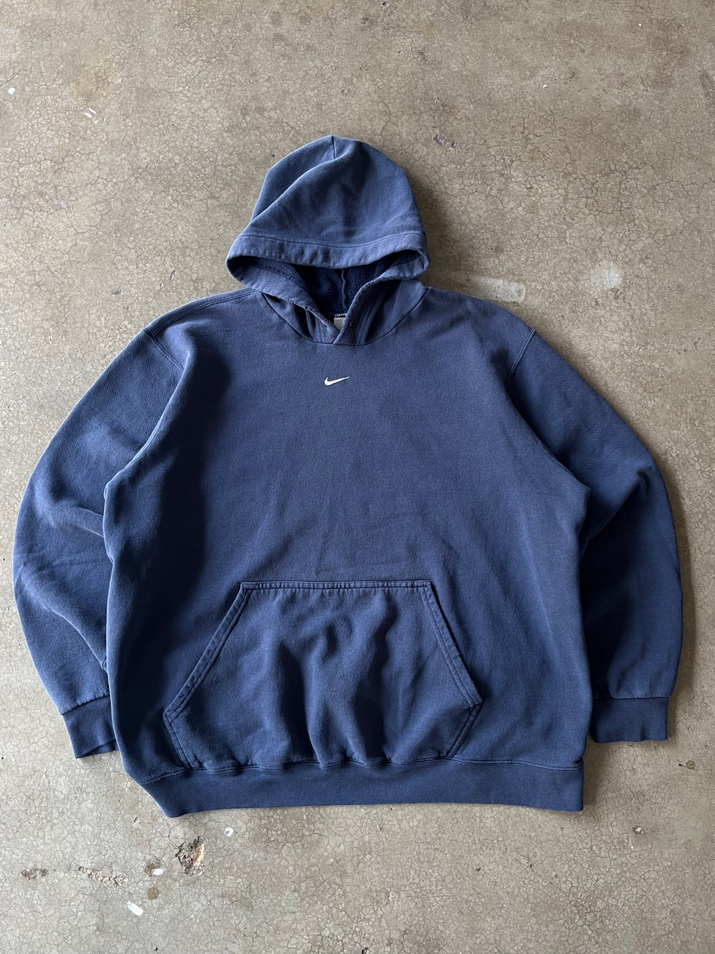 90S NIKE NAVY BLUE CENTER SWOOSH HOODIE - XL
