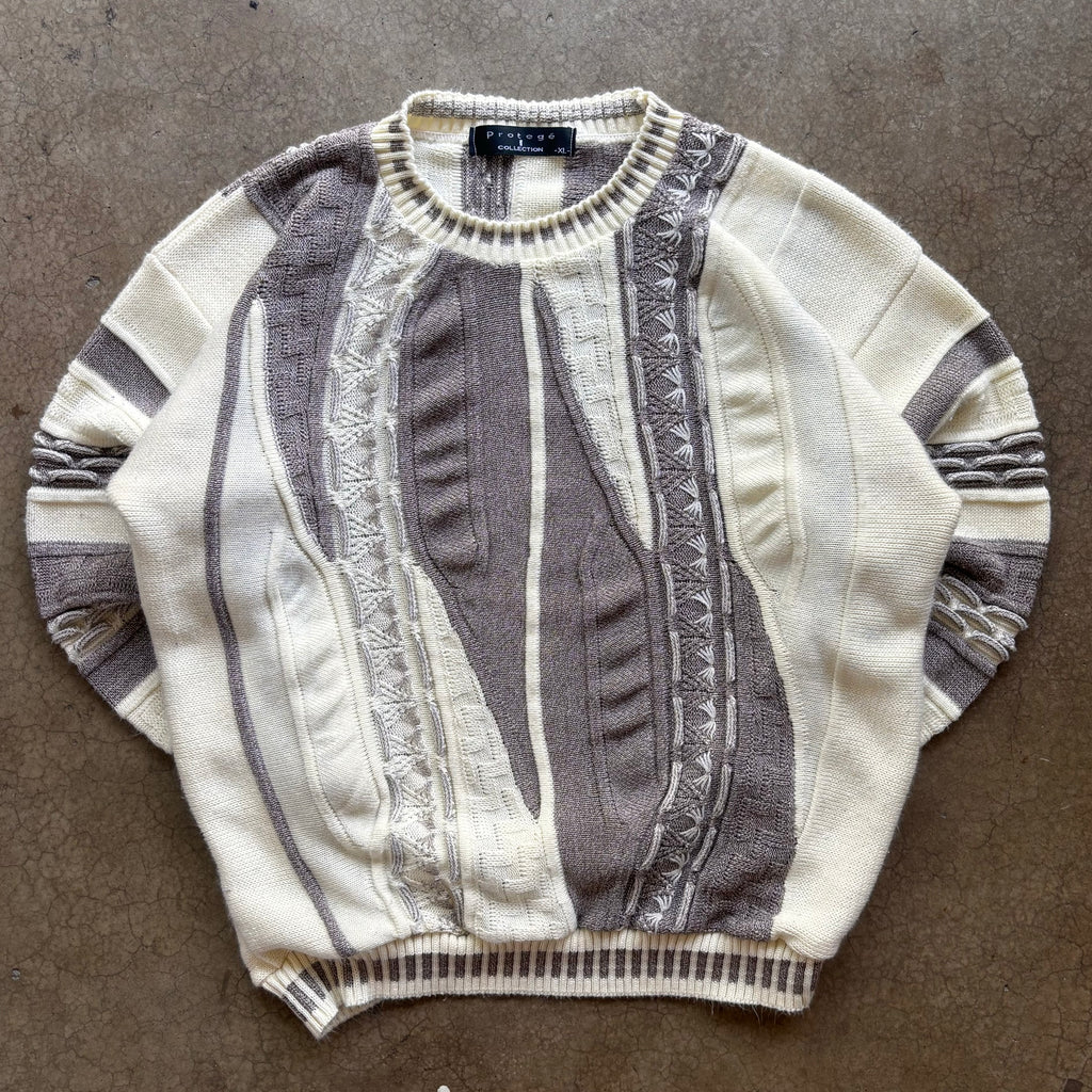 90s CREAM 3D KNIT SWEATER - XL